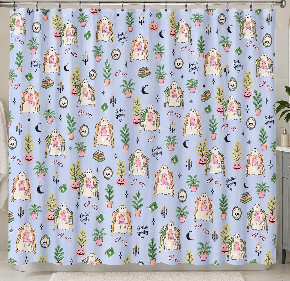 Halloween feelin' spooky Ghosts & Cats Shower Curtain 72" x 72" Soft Cotton NWT